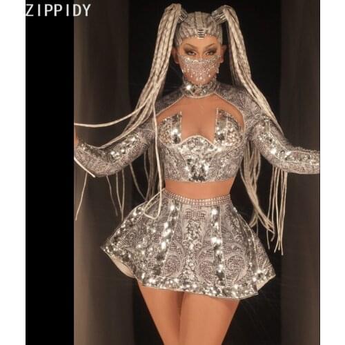 Flashing Silver Sequin T-shirt Short Skirt Women Dance DS Show Outfit Singer Wear Prom Birthday Celebrate Outfit Set