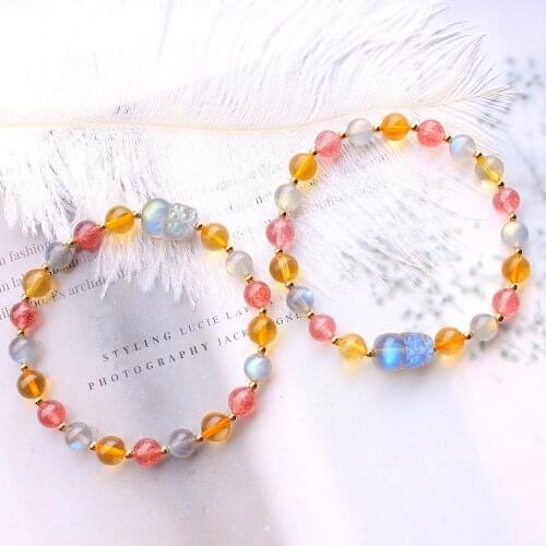 Natural stone labradorite strawberry crystal citrine pixiu beads DIY elastic bracelet for women Lucky healing bracelet gift