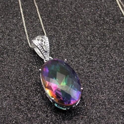 Hermosa Glowing Oval Shape MysticTopaz Silver Color For Women Charms Pendant Chain Necklace 20 Inch