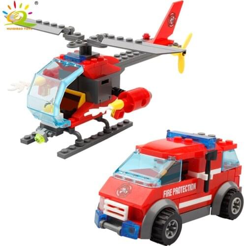 HUIQIBAO Fire Fighting Truck Helicopter Model Building Blocks City Firemen Figure Brinquedos Educational Bricks Toys Children