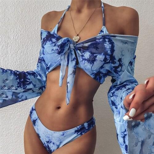 Tie Dye 3 Piece Bikini Set with Cover Up Women Swimwear Swimsuit Female Sexy Halter Bikinis 2021 Mujer Bathing Suit Beachwear