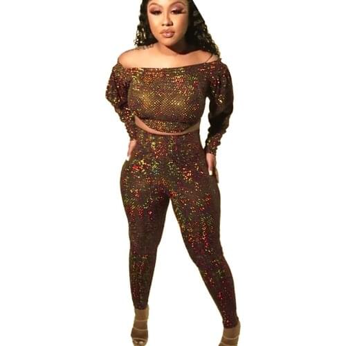 Sexy Glitter Two Piece Set Women Club Birthday Outfits for Women Matching Sets Crop Top and Pants Leggings Women Sets Clothes