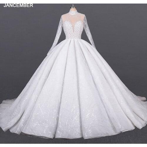 LSDZ17 Elegant V-Neck Princess Wedding Dresses 2020 Appliques Ball Gowns Long Sleeve Crystal Button With Back