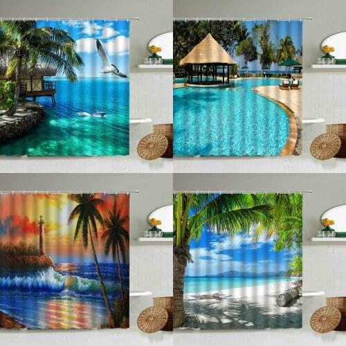 Sea Beach Shower Curtain Coconut Tree On Vacation Bathroom Waterproof Polyester Curtains Home Decoration Background Wall Cloth
