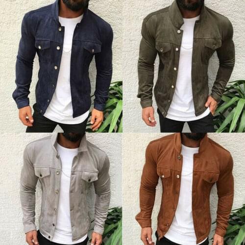 2019 Men Faux Suede Slim Multi-button Work Tool Pocket Jacket Male Long Sleeve Winter Casual Overcoat Plus Size
