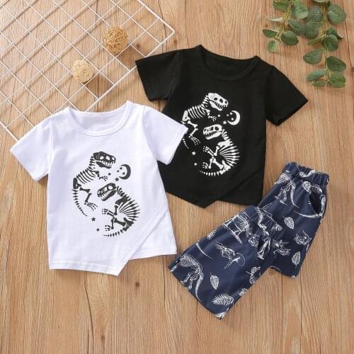 1-3Y Kid Boy Shirt and Summer Pants Two Outfits Suit Short Sleeve Round Collar Dinosaur Printed Pullover Sports Loose Trousers