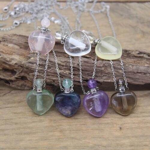 Heart Shaped Crystal Essential Oil Vial Pendants Silvery Chains Necklaces Quartz Fluorite Perfume Bottle Charms Jewelry QC1021