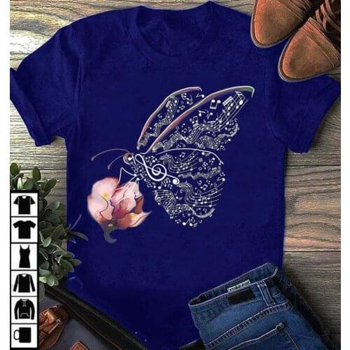 Plus Size S-5XL Butterfly and Flower Round Neck Womens Short-sleeved Multicolor Casual Summer New Womens T-shirt Hot Sale