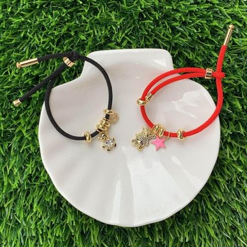 Adjustable String Bracelet CZ Micro Pave Mini Bear Enamel Moon/Heart Electroplating Pendant