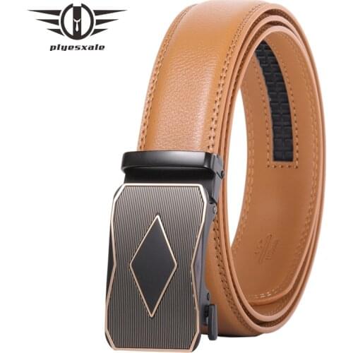 Plyesxale 2020 Automatic Buckle Belt Mens Light Brown Belt Genuine Leather Formal Fashion Business Male Belts Luxury Brand B97