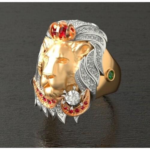 Luxury Two Tone Goden Lion King Ring Micro Paved White Rhinestone Rings For Mens Punk Gothic Party Aniversary Jewelry B4M545