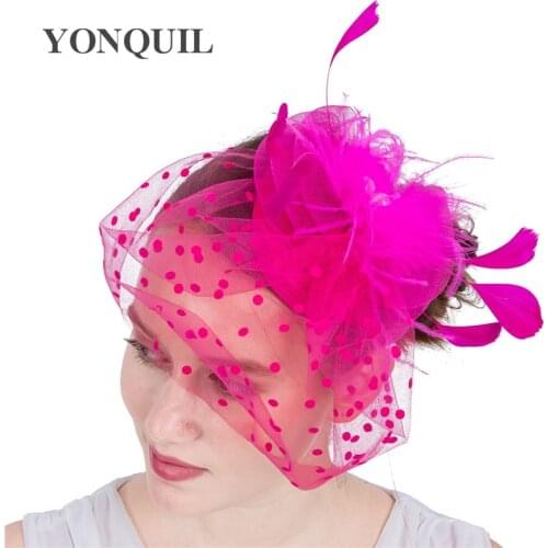 Hot Pink Fashion Wedding Bridal Headwear Mesh Fascinator Hat Hair Clip For Women Ladies Party Mariage Headdress Chic Headdress