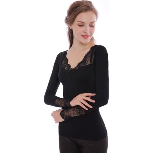 Autumn and winter thin sexy V-neck lace thermal underwear women Seamless versatile slim slimming body bottoming autumn clothes