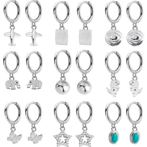 2020 New Small 925 Sterling Silver Hanging Earrings for Women Eye Star Dinosaur Elephant Charm Small Hoop Earring DA1143
