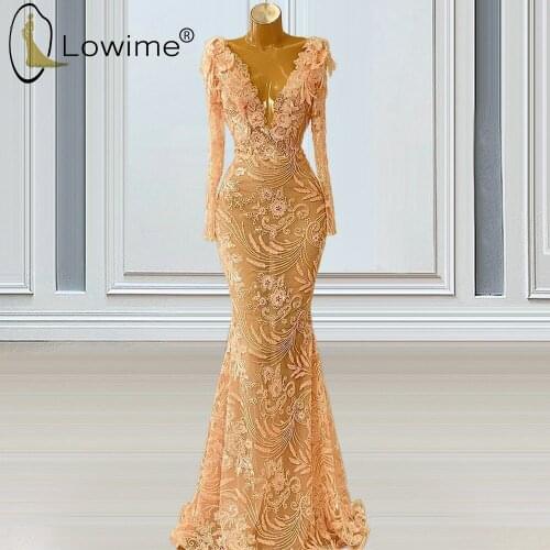 Gold Illusion Sexy Deep V Neck Mermaid Evening Dresses 2021 Dubai Muslim Long Sleeves Wedding Prom Party Gowns Saudi Arabia