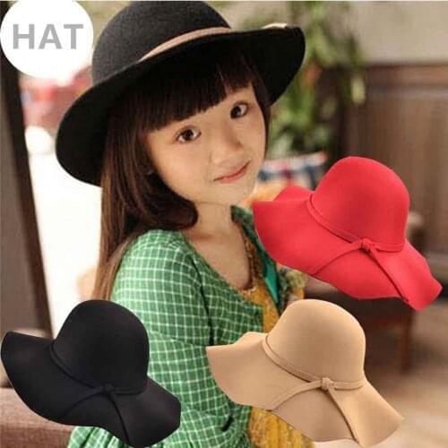 Vintage Wide Brim 10CM Felt Hats For Kids Baby Boy Girl Retro Polyester Parent-child Fedoras Floppy Childrens Sun Beach Cap