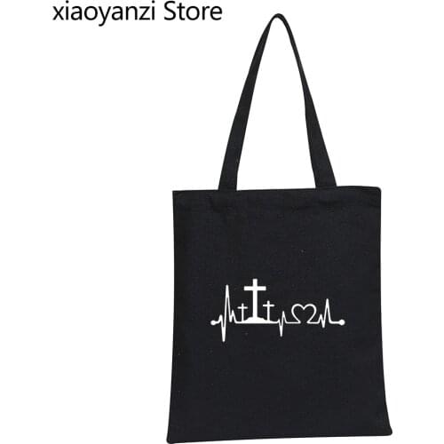 Women Shoulder Bags Casual Student Books Bags Heartbeat Cross Jesus Faith Eco Reusable Shopping Bag Shopper Bag Wholesale SL-305