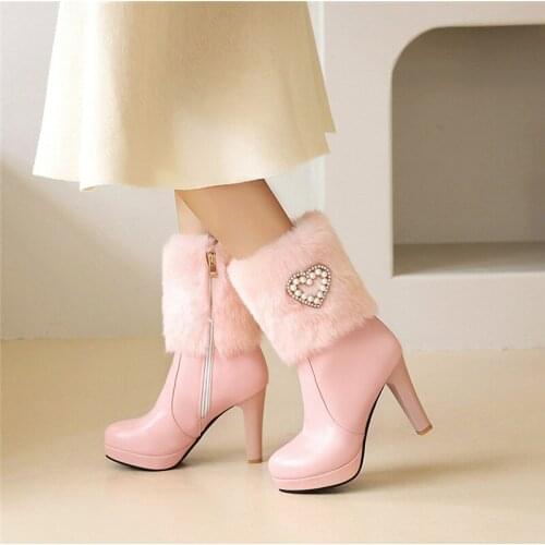 YQBTDL Fashion High Heel Womens Boots Ankle Pink White Faux Fur Platform Crystal Bead Ankle Boot for Women Winter Shoes Big Size