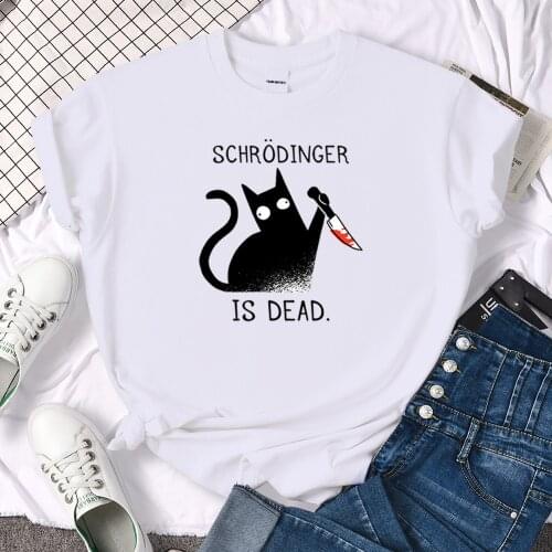 Females T-Shirts Schrodinger Is Dead Cartoon Black Cat Print T Shirt Women Oversized Soft Snug Loose Tees Comfortable Funny Tops