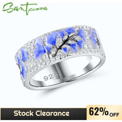 SANTUZZA Silver Rings For Women 925 Sterling Silver Elegant Blue Flower Shiny Cubic Zirconia Fashion Jewelry Handmade Enamel