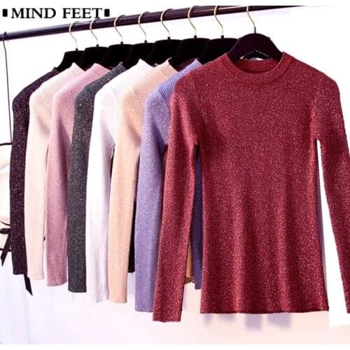 MIND FEET Shiny Sweater For Women Slim Long Sleeve O-Neck Pullover Autumn Basic High Elasticity Sweaters Sexy Knit Tops Femme