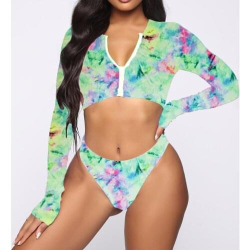 Sagace long sleeve V-neck green beach bathing suit womens printed bikini split swimsuit gradient bañadores mujer 2021