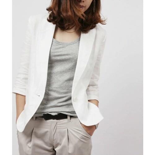 2021 Summer Autumn Slim Fit Blazer Women Formal Jackets Office Work Notched 3/4 Sleeve Cotton Linen Blazer White Blue Plus Size