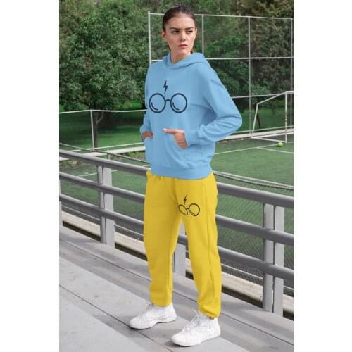 Angemiel Wear HP Glasses Women Tracksuit Set Blue Hooded Sweatshirt Yellow Sweatpants