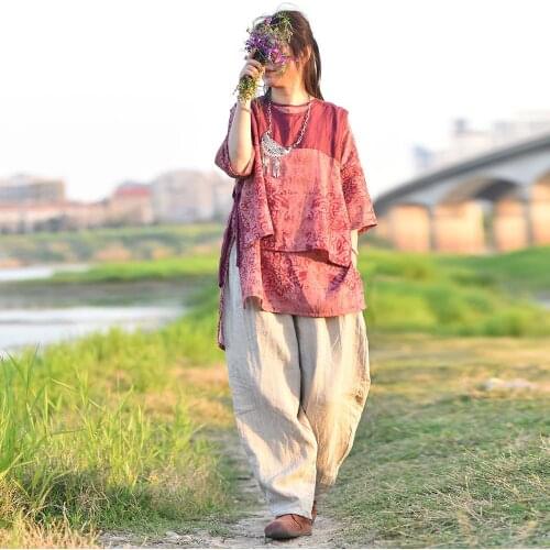 Women 2019 Summer Print Big Size Cotton Linen Sleeveless Contrast Color Clothes Female Loose Vintage Top YoYiKamomo