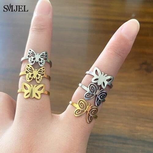 Stainless Steel Women Hollow Butterfly Rings Fashion Multiple Animal Butterfly Cocktail Ring Adjustable Jewelry Gift 2021