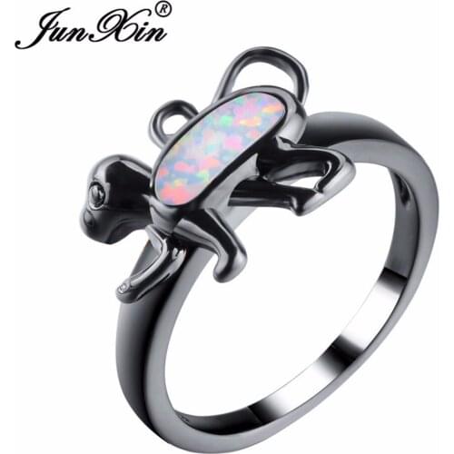JUNXIN Female Blue/White Fire Opal Ring Fashion Black Gold Filled Animal Jewelry Vintage Wedding Rings For Women New Year Gifts