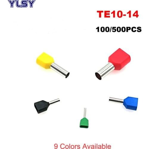 100/500pcs Dual Wire Tube ferrule insulated crimp terminals TE10-14 Pipe Electrical double wiring terminal connectors cable 8AWG