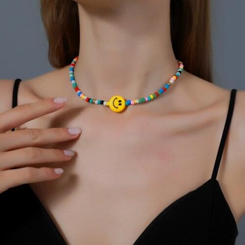 2021 Bohemian Handmade Colorful Beads Choker Necklace Candy Color Bead Smile Face Necklace for Women Fashion Party Jewelry Gifts