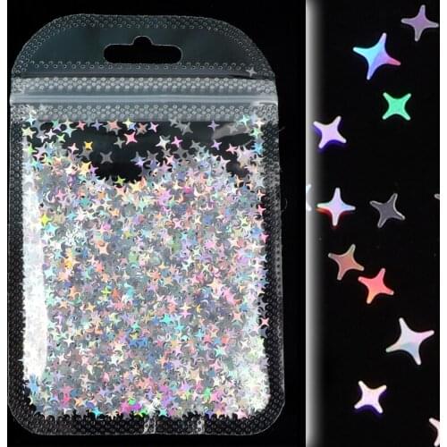 3Pcs Four-pointed Star Holographic Glitter Sequins For Nail Art Decorations 3D Mix Size Laser Gold Silver Flakes Design Manicure