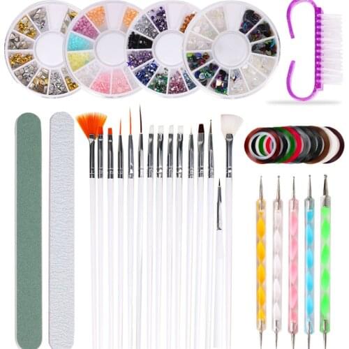 37Pcs Set Nail Art Brushes Pen Dotting Tools Manicure Rhinestones Pearl Bead Decoration Wheel Nail Foils Clean Pedicure File Kit