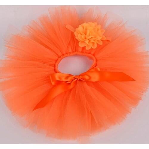 Baby Solid Orange Fluffy Tutu Skirt & Flower Headband Sets Baby Birthday Party Tulle Skirt Newborn Baptism Clothes Photo Props
