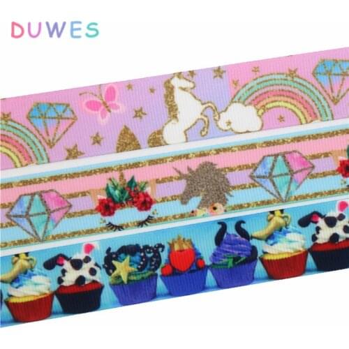 DUWES 7/8'' Free shipping unicorn face movie cupcake printed grosgrain ribbon accessory hairbow headwear decoration 22mm D707