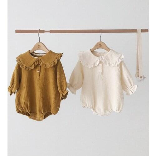 Newborn Spring Autumn Clothing Infant Baby Girls Cotton Solid Bodysuit Baby Girl Ruffle Collar Jumpsuit Clothes 6M-24M