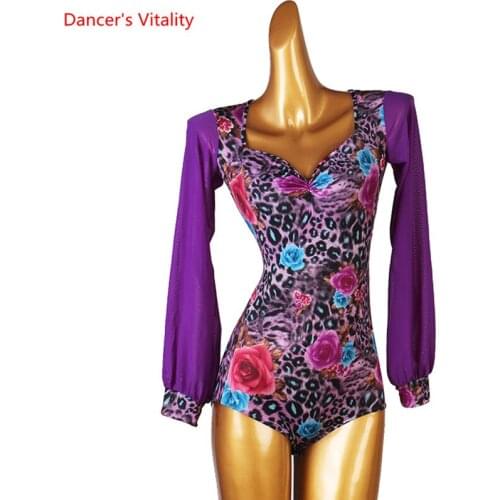Latin Dance Body Suit Leopard Print Onesies V-neck Profession Custom Female Adult Child Long Sleeve Top Performance Clothing