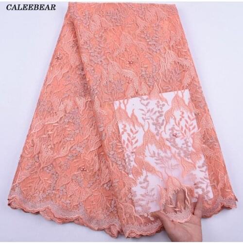 Peach African Lace Fabric 2020 French Lace Fabric With Beads Nigerian Embroidery Tulle Lace Fabric For Wedding Party Dress S2056