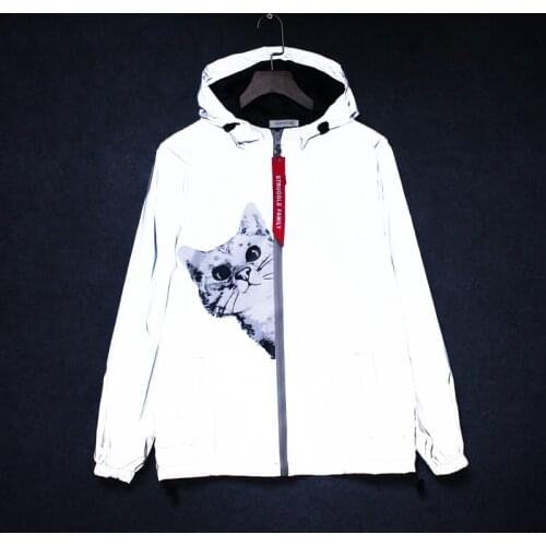 Streetwear Reflective Jacket Women Men Cat Print Graphic Windbreaker Hooded Jackets Hip Hop Waterproof Coats Couple Clothing