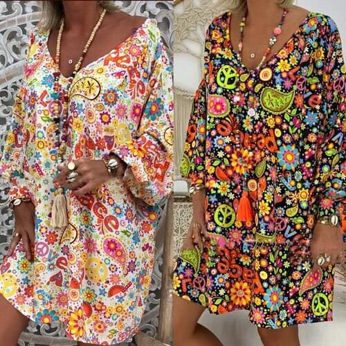 2019 Summer Women C Floral Cotton Boho Dress 2019 Spring Autumn Floral Long Sleeve Loose Party Boho Female Dress Tops S-3XL
