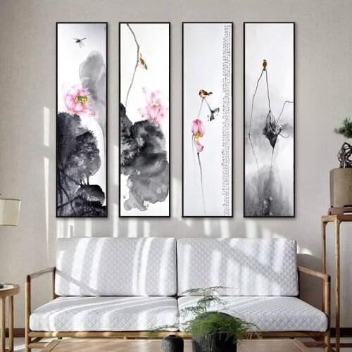 Lotus With Leaves Canvas Ink Painting Chinese Style Wall Hanging Poster Art Mural Canvas Painting Art Wall Pictures Decor Poster