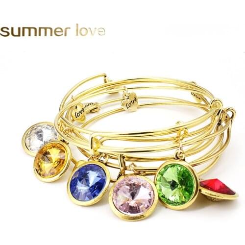 Fashion 12 Birthstone Charm Bracelet Adjustable Gold Expandable Wire Bracelets Bangles for Women Men Crystal Diy Jewelry Gifts