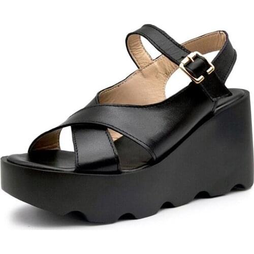 2020 New Thick Bottom Non-slip Wedges Sandals Summer Womans Sandals Open Toe Sandals Platform Increase Genuine Leather Sandals