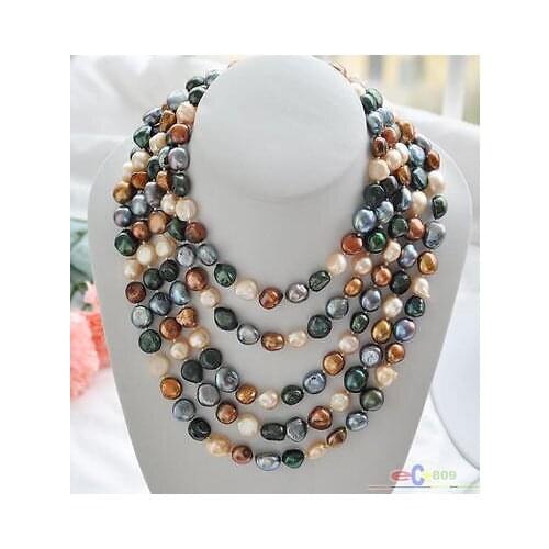 P4388 100" 8-9mm black coffee pink green baroque freshwater pearl necklace