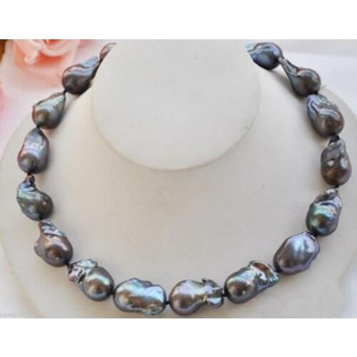 Large Fashion Natural Black Baroque Keshi Keishi Pearl Necklace 18" AAA