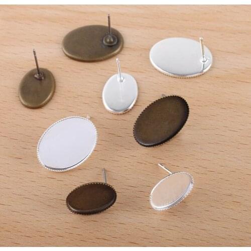Blank Stud Earrings Bases Silver Plated Oval Bezel Tray Resin Cabochons Stud Post Earrings Settings DIY Crafts Findings
