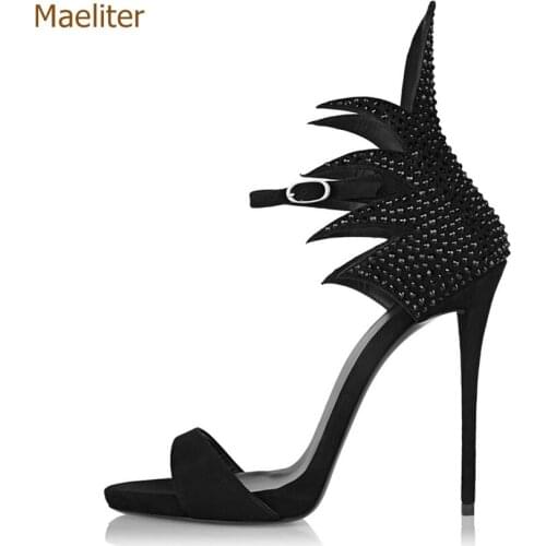 Women Luxurious Beige Black Wing Shape Stiletto Heel Sandals Bling Bling Crystal Dress Shoes Suede Strap Banquet Party Shoes