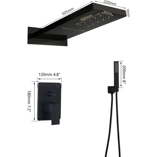 Black 22" Rectangle LED Rain Shower Head Mixer Valve Handheld Shower Spray Tap
